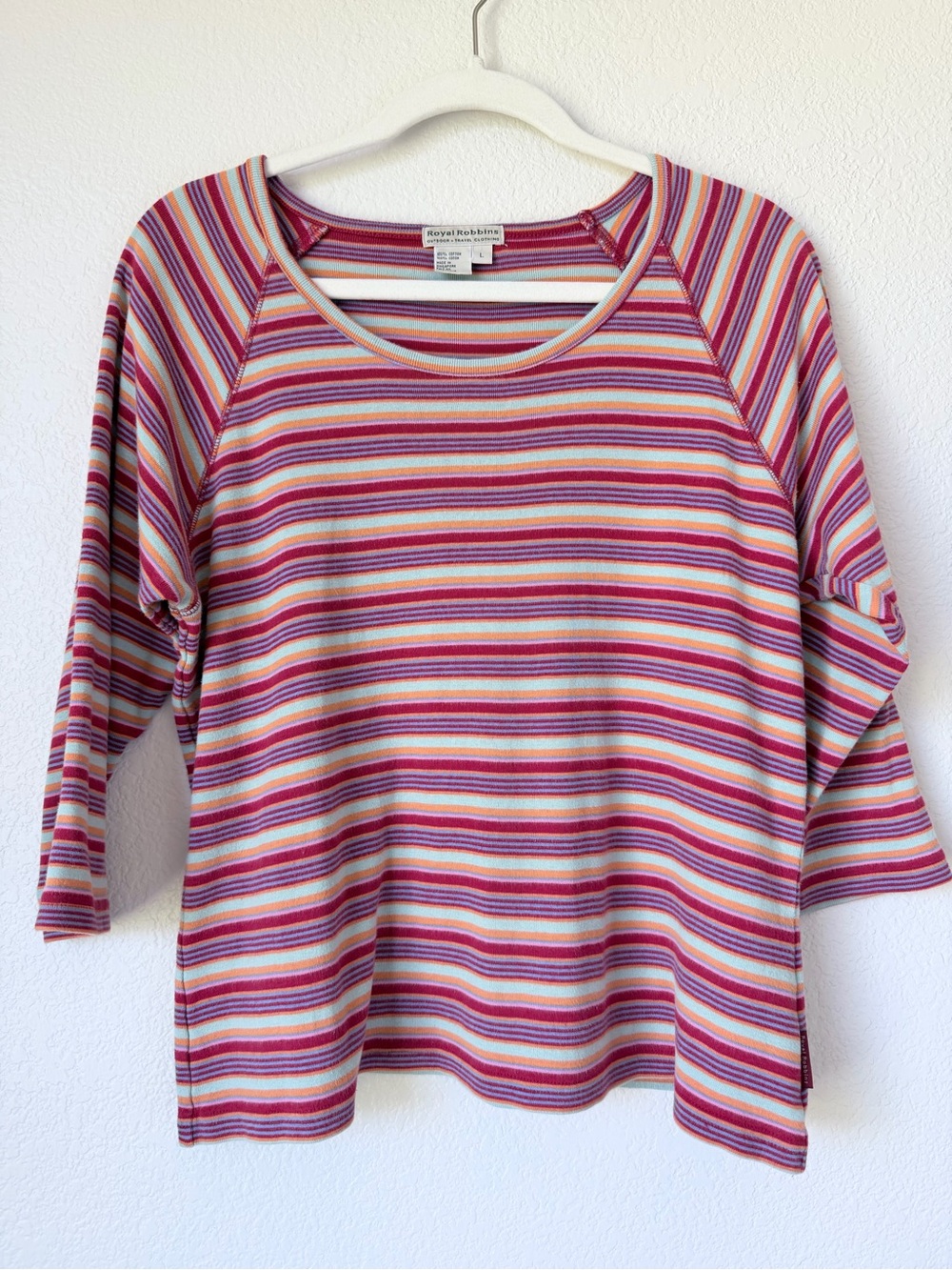 Royal Robbins Striped 3/4 Sleeve Tee L Pink Mint Cotton Travel Top